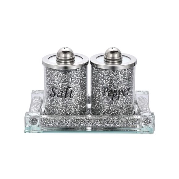 Crushed Diamond Salt and Pepper Shakers With Tray - Picture 2 of 5